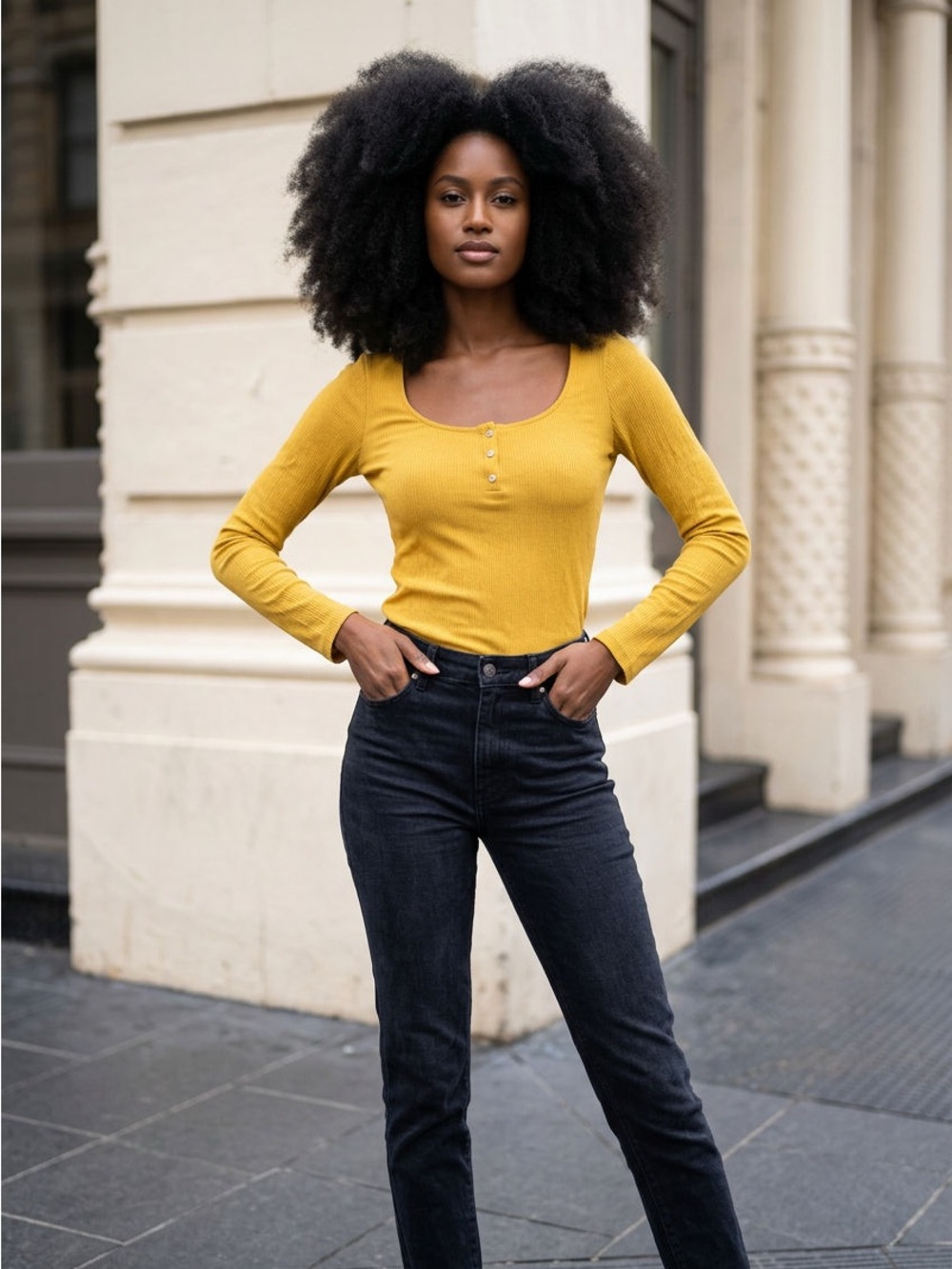 Guess Mustard Ribbed Long Sleeve Scoop Neck Top